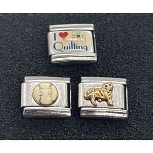 UD Italy Stainless Steel 18k Gold Italy Modular Lot 3 Charms Cat‎ Baseball Quilt